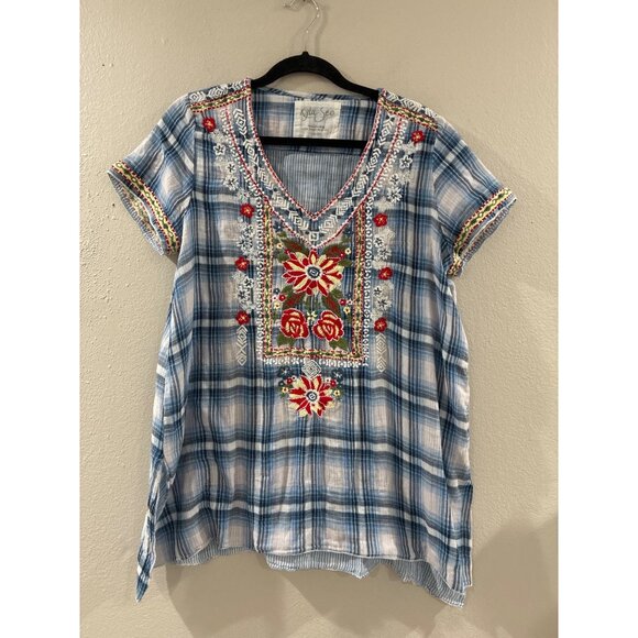 Kyla Seo blue white plaid floral embroidered short sleeve boho tunic shirt large - Picture 2 of 10